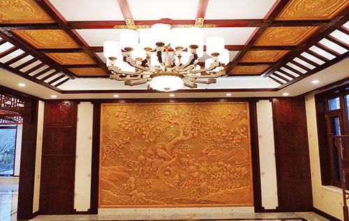 巴中中式别墅客厅中式木作横梁吊顶装饰展示